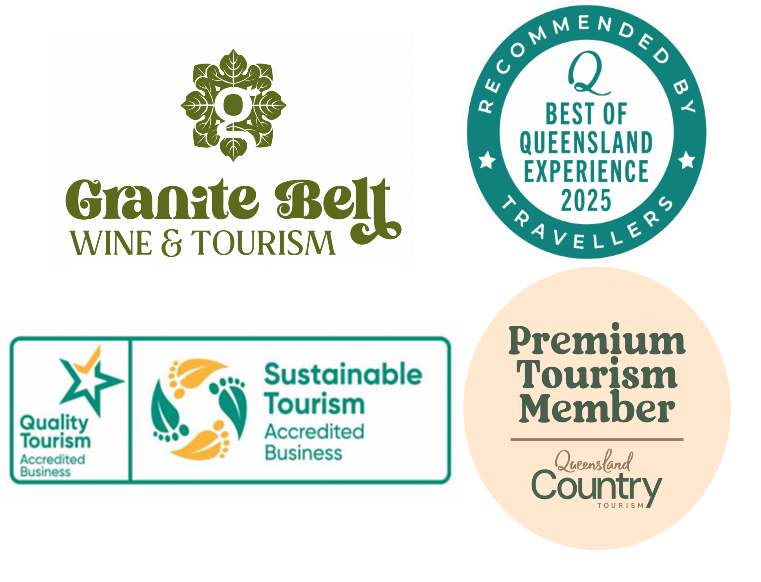 industry accreditations, Granite Belt Wine & Tourism, 2025 Best of Queensland Award, Queensland Country Tourism Member, Quality Tourism Accredited Business & Sustainable Tourism Accredited Business Awards